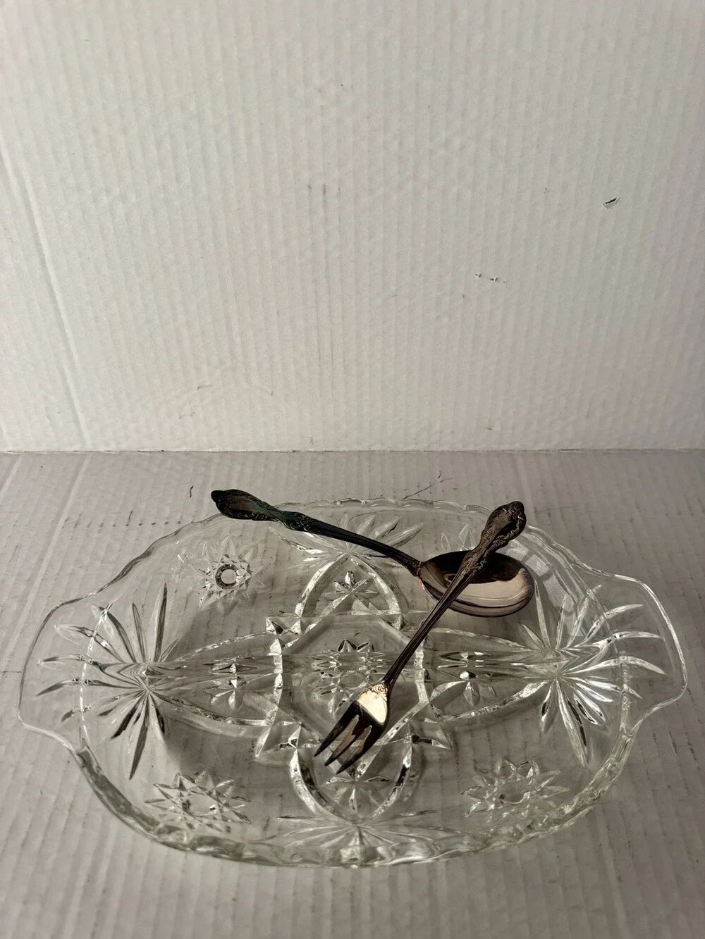 Vintage Clear Pressed Glass Divided Relish Dish Starburst Oval Serving Tray
